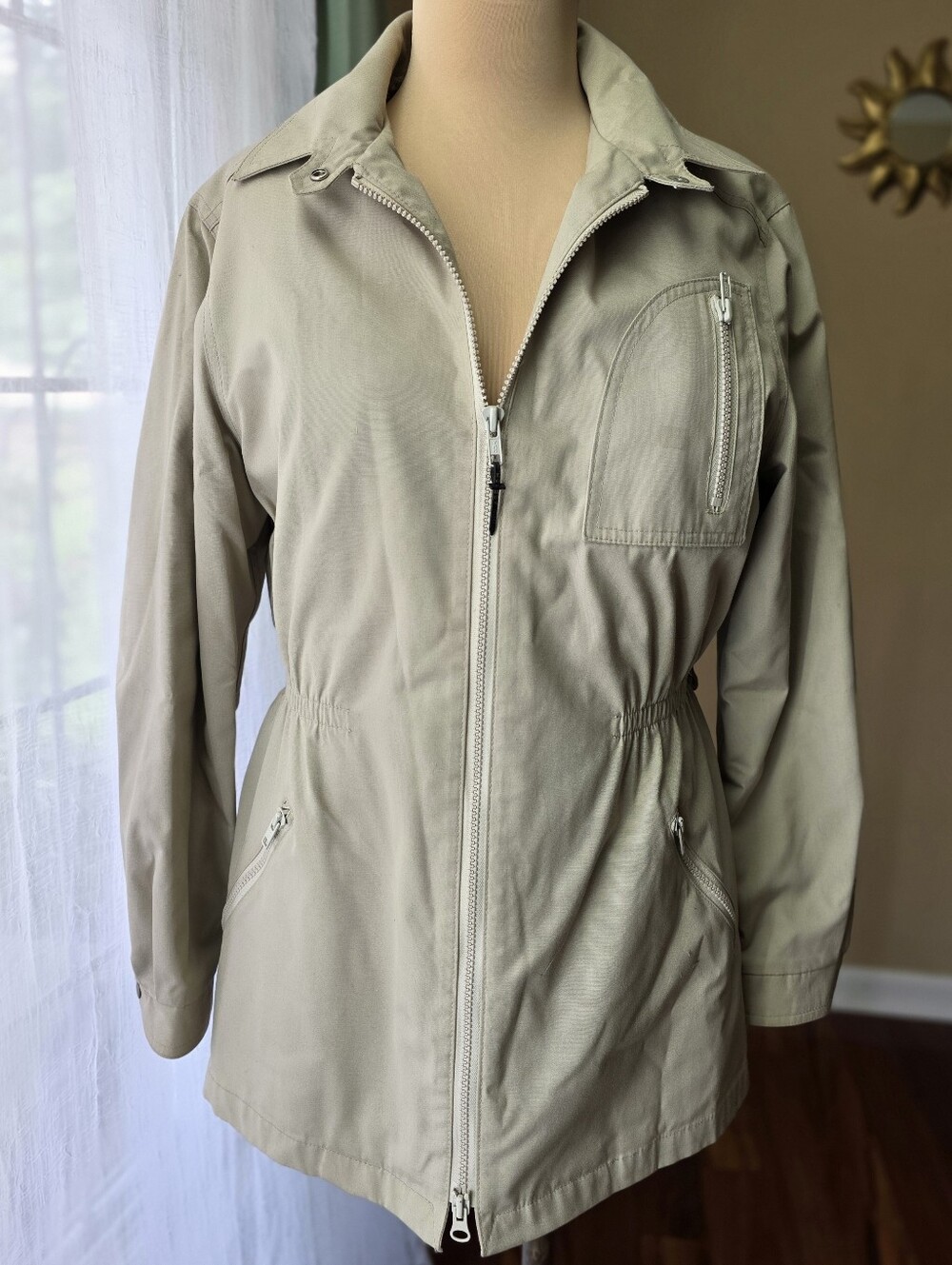 Vintage London Fog Faux Fur Lined Utility Jacket Tan Fitted Coat Medium Womens